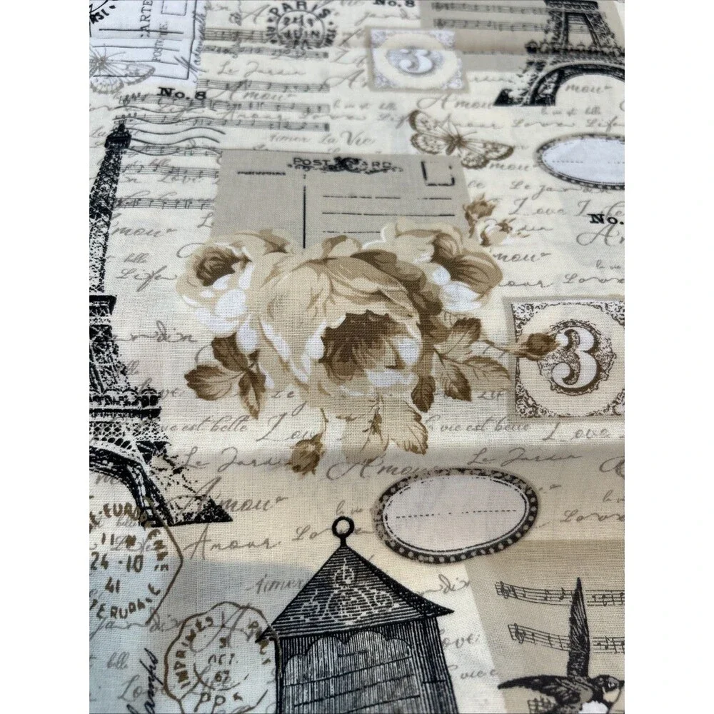 Paris Postcard Stamps Eiffel Tower France Cotton Quilting Fabric Music Notes